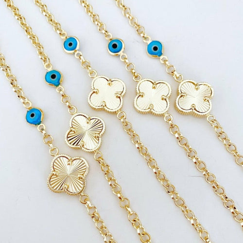 Gold Clover Bracelet, Blue Evil Eye Bead, Lucky Clover Charm, Good