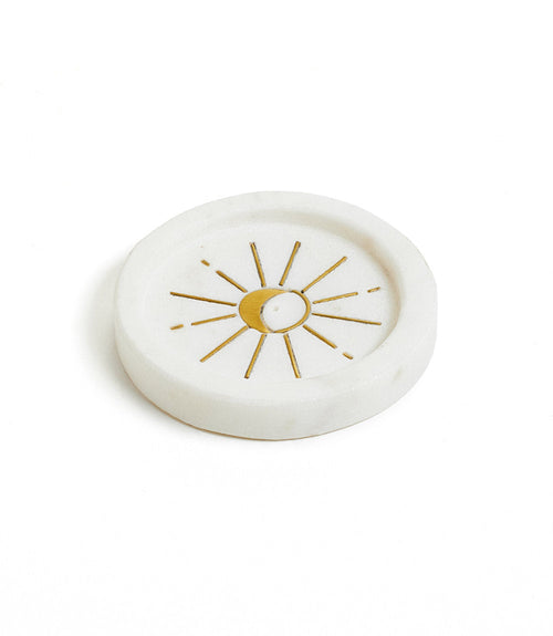 Indukala Round Moon Trinket Dish Incense Holder - White Carved Marble