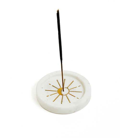 Indukala Round Moon Trinket Dish Incense Holder - White Carved Marble