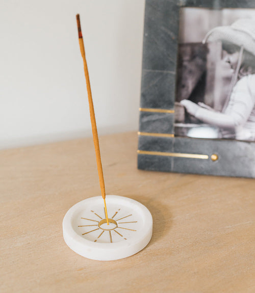 Indukala Round Moon Trinket Dish Incense Holder - White Carved Marble