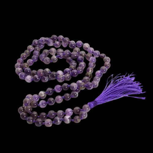 Purple beaded necklace with a tassel on a white background