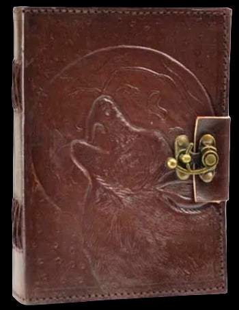 Wolf Moon goat leather journal with crescent moon, handmade paper and latch