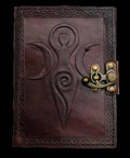 Brown leather journal with embossed design and brass lock on a white background