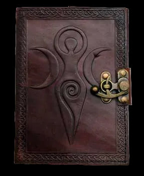 Brown leather journal with embossed design and brass lock on a white background