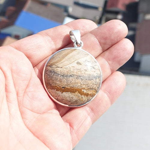 Minimalist Brown Jasper Silver Amulet, Sterling Silver Pendant,