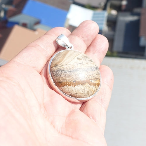 Minimalist Brown Jasper Silver Amulet, Sterling Silver Pendant,
