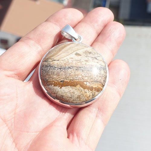 Minimalist Brown Jasper Silver Amulet, Sterling Silver Pendant,
