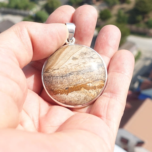 Minimalist Brown Jasper Silver Amulet, Sterling Silver Pendant,
