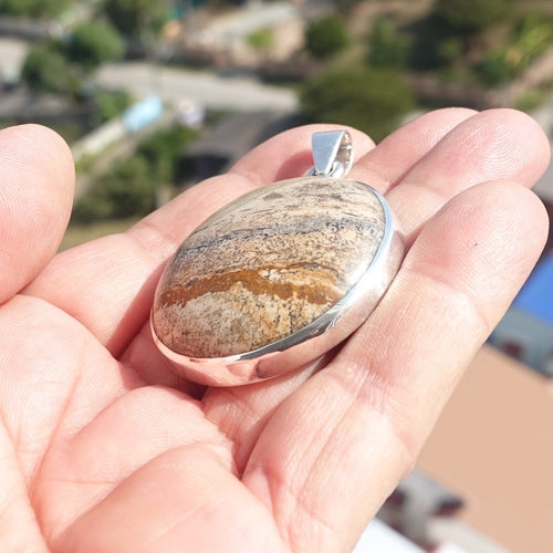 Minimalist Brown Jasper Silver Amulet, Sterling Silver Pendant,