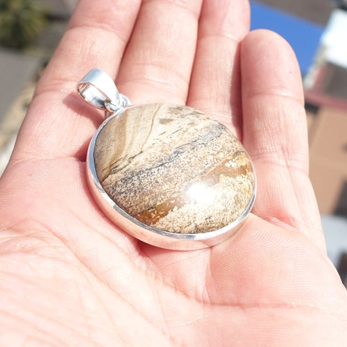 Minimalist Brown Jasper Silver Amulet, Sterling Silver Pendant,
