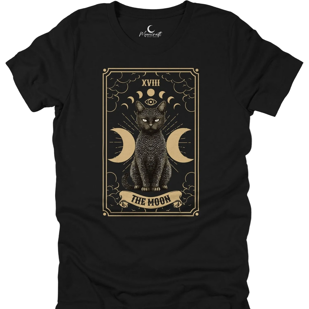Black Moon Cat tarot tee with feline card artwork and triple moons
