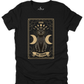 Black Moon Cat tarot tee with feline card artwork and triple moons
