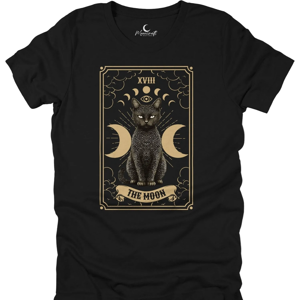 Black Moon Cat tarot tee with feline card artwork and triple moons