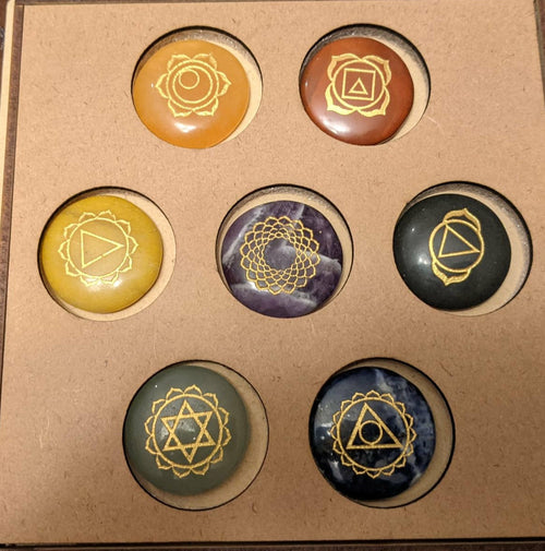 7 Stone Chakra Set Palm Stones Engraved Healing Stones Reiki Healing