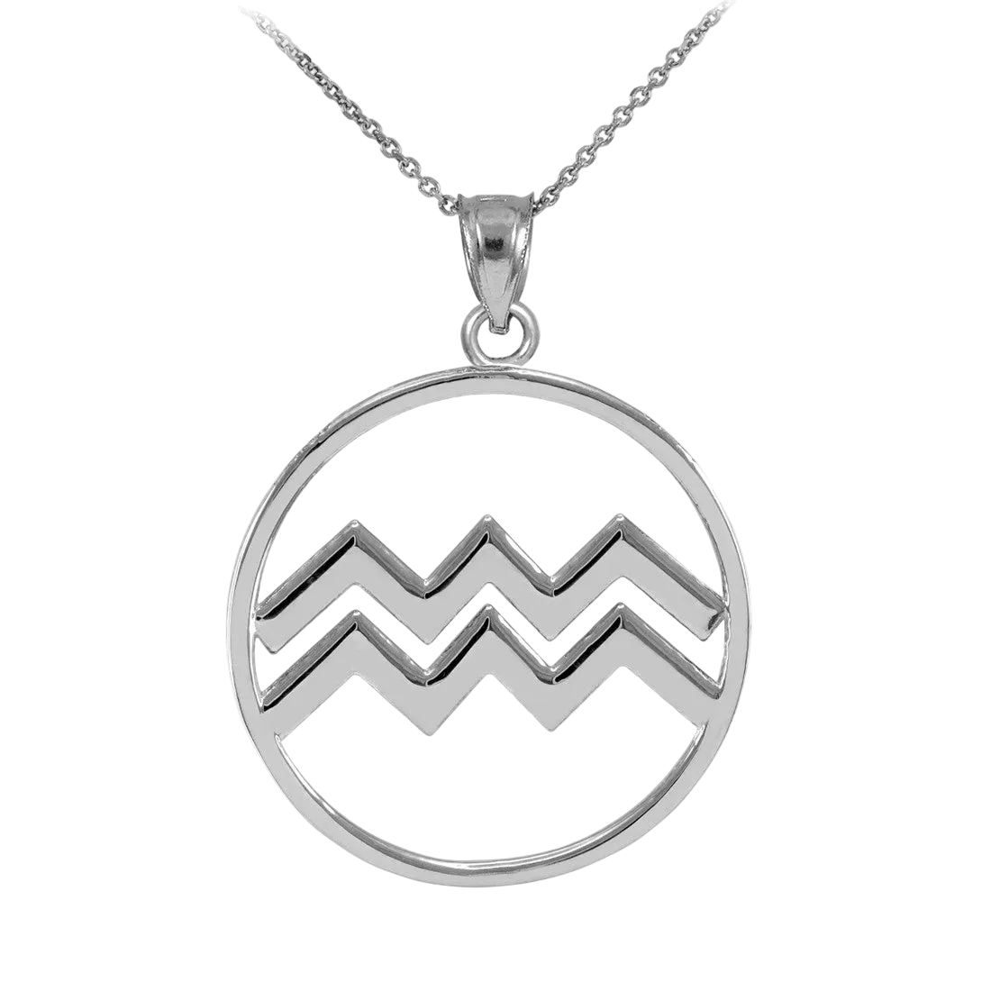 Silver Aquarius zodiac pendant necklace with Aquarius water-bearer symbol on transparent background