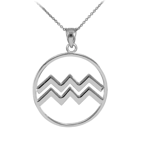 Silver Aquarius zodiac pendant necklace with Aquarius water-bearer symbol on transparent background