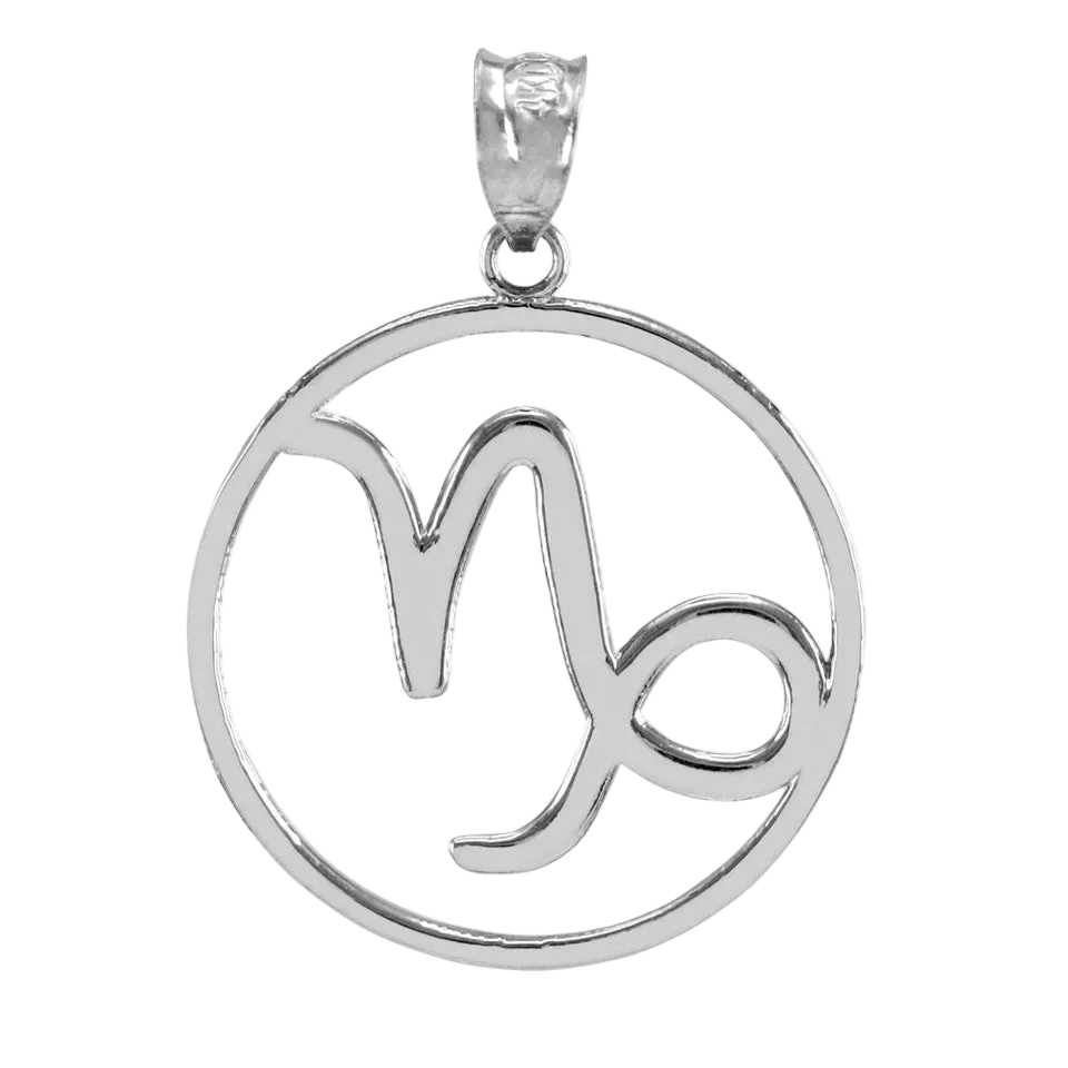 Silver Capricorn zodiac pendant necklace with Capricorn symbol on transparent background