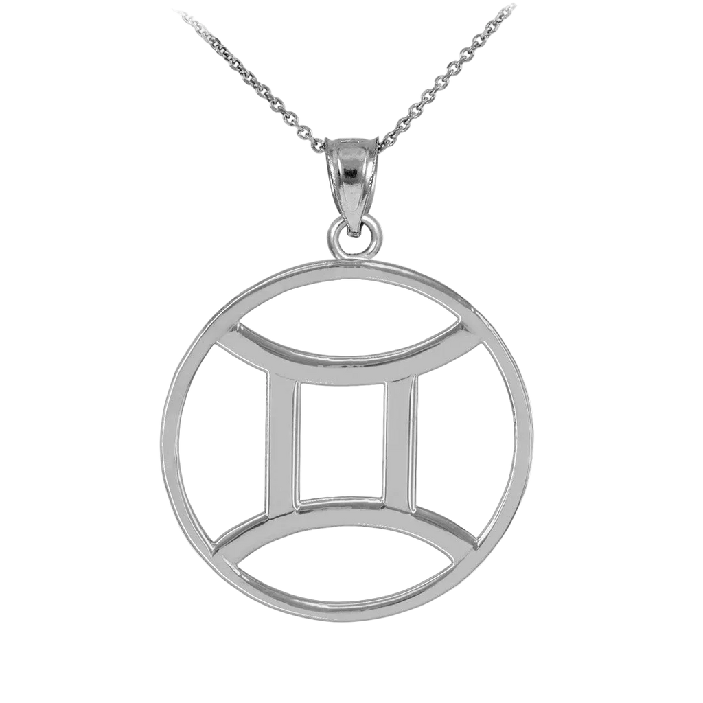 Silver Gemini zodiac pendant necklace with Gemini symbol on transparent background