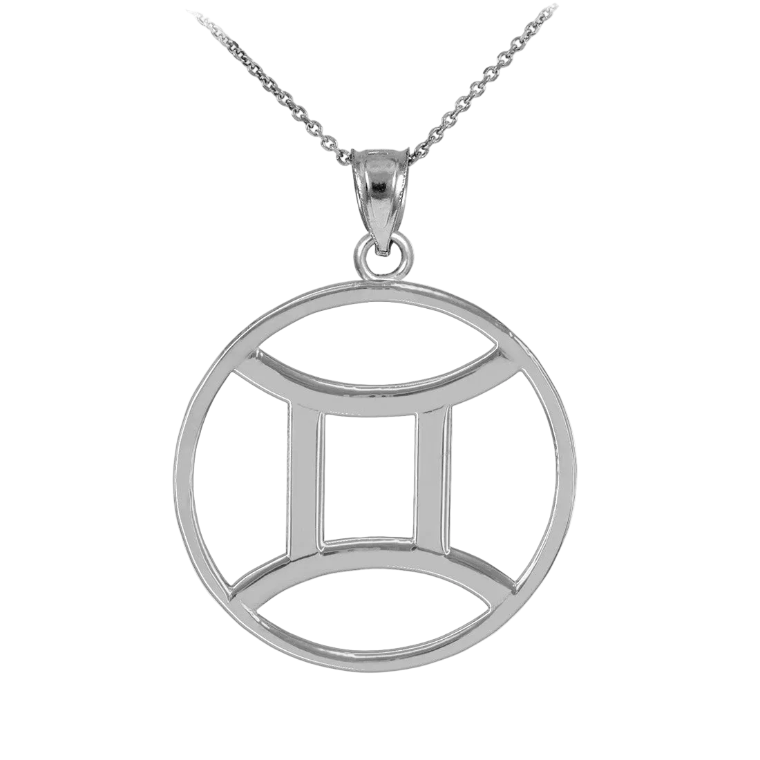 Silver Gemini zodiac pendant necklace with Gemini symbol on transparent background