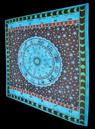 Celestial zodiac wall tapestry with astrological chart design in blue and turquoise