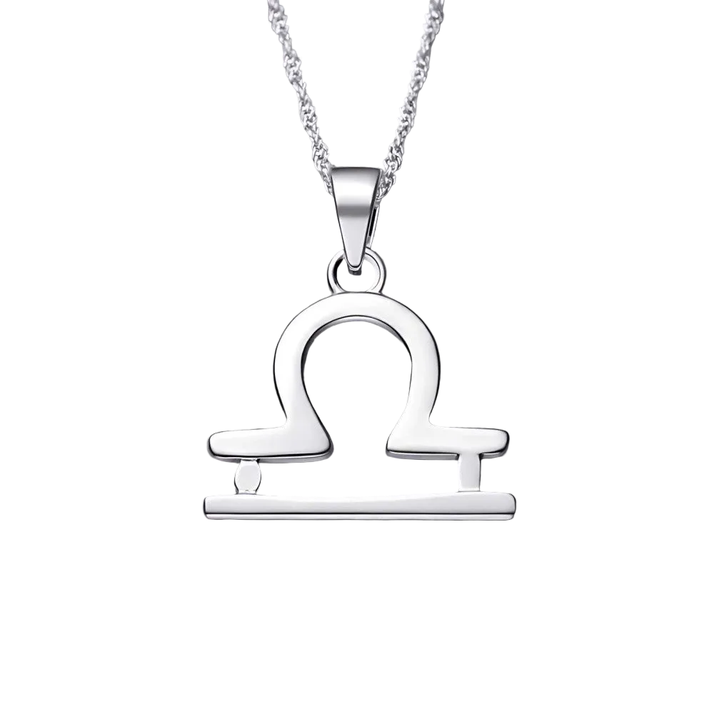 Silver Libra zodiac pendant necklace with scales symbol on transparent background
