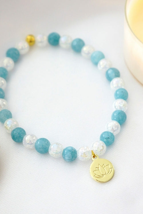 Aquamarine Beaded Bracelet — Gold Lotus Charm — product image 2