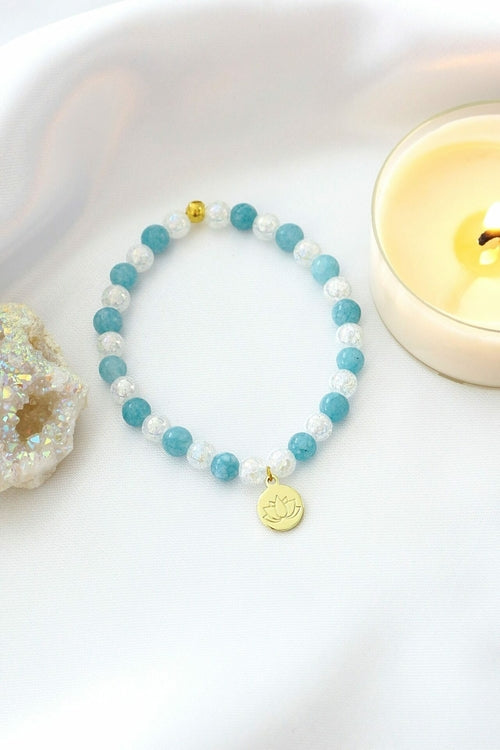 Aquamarine Beaded Bracelet — Gold Lotus Charm — product image 1