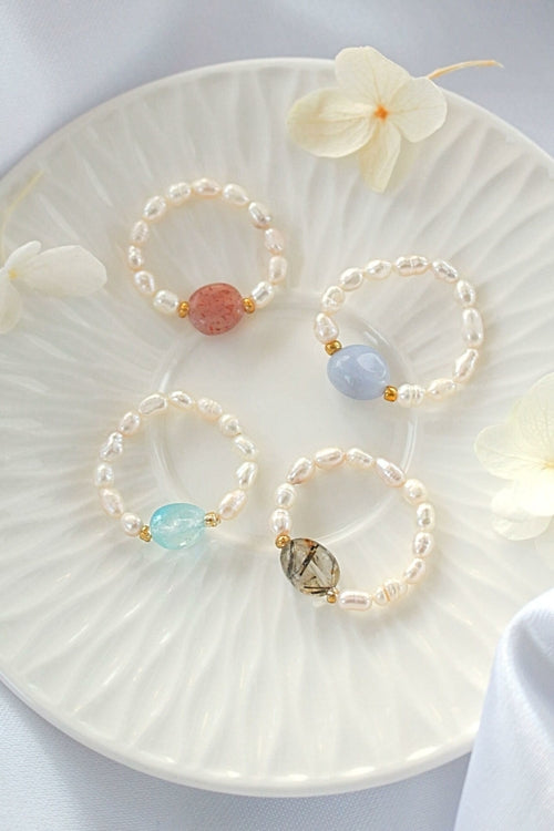 Elastische Ringe mit Naturkristallen & Süßwasserperlen
