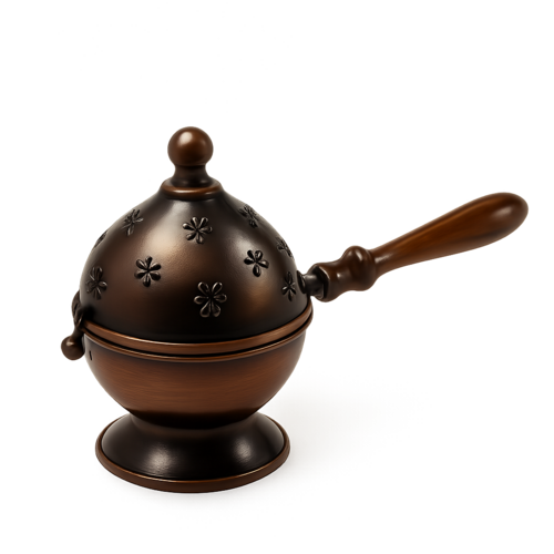 Bronze Incense Burner – Floral Dome with Wooden Handle