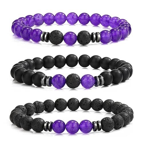Purple and black natural gemstone bead bracelet
