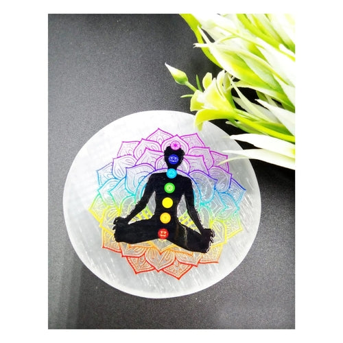 Selenite Charging Seven Chakra Coaster – Engraved Healing Plate