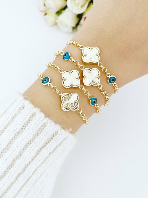 Gold Clover Bracelet, Blue Evil Eye Bead, Lucky Clover Charm, Good