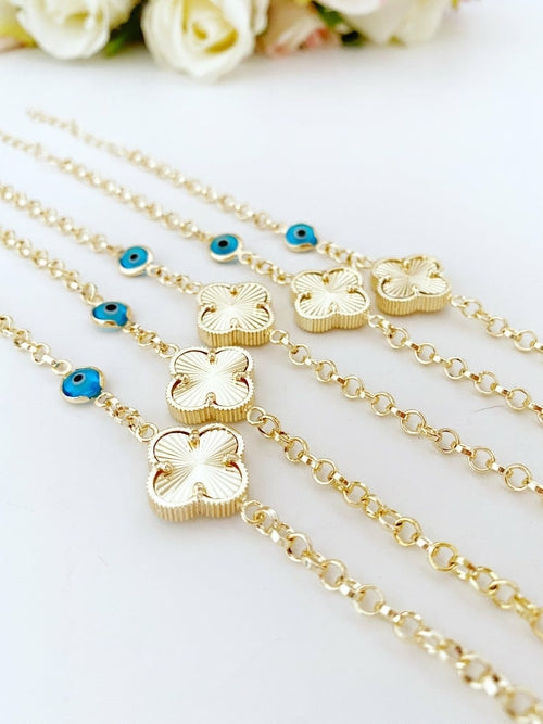 Gold Clover Bracelet, Blue Evil Eye Bead, Lucky Clover Charm, Good
