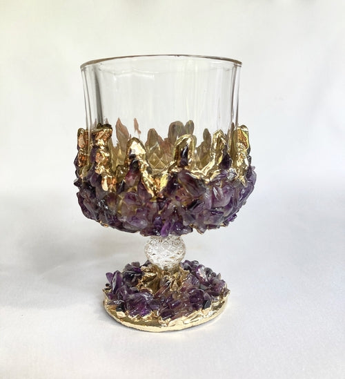 Set of 2 |Crystal Wine Glasses with Gold Plated Purple Amethyst