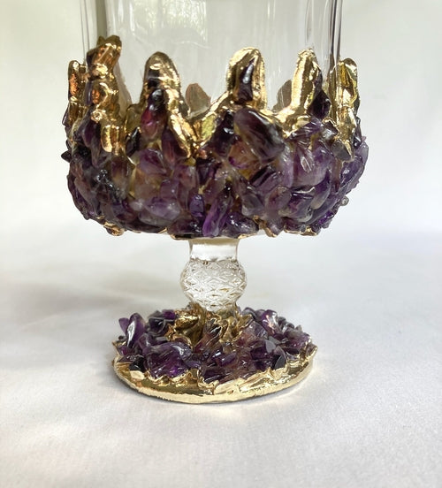 Set of 2 |Crystal Wine Glasses with Gold Plated Purple Amethyst