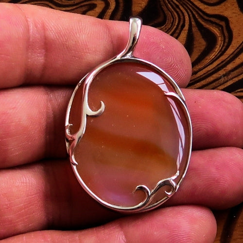 Orange Agate Pendant, Sterling Silver Amulet, Floral Design, Artwork