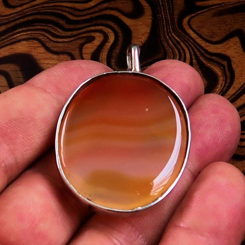 Orange Agate Pendant, Sterling Silver Amulet, Floral Design, Artwork
