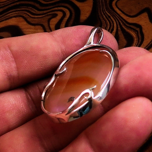 Orange Agate Pendant, Sterling Silver Amulet, Floral Design, Artwork