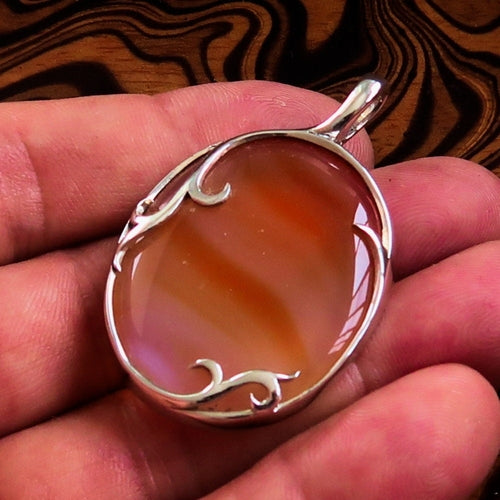 Orange Agate Pendant, Sterling Silver Amulet, Floral Design, Artwork