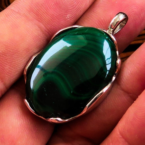Natural Malachite Amulet, Sterling Silver Pendant, Oval shaped