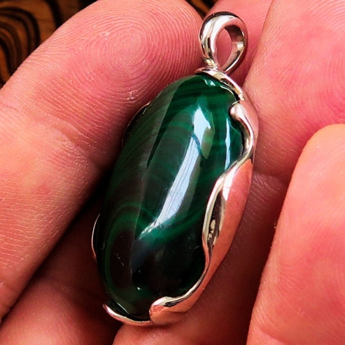Natural Malachite Amulet, Sterling Silver Pendant, Oval shaped