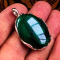 Natural Malachite Amulet, Sterling Silver Pendant, Oval shaped