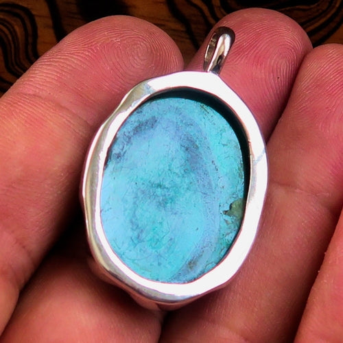 Natural Malachite Amulet, Sterling Silver Pendant, Oval shaped