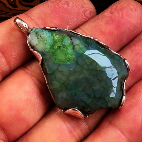 Green Agate Amulet, Sterling Silver Pendant, Artwork Pendant, green