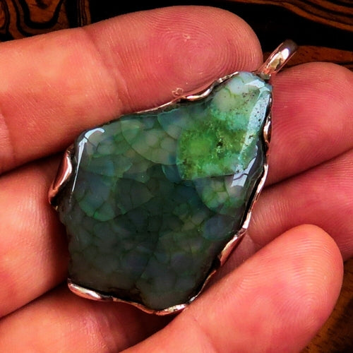 Green Agate Amulet, Sterling Silver Pendant, Artwork Pendant, green