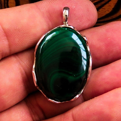 Natural Malachite Amulet, Sterling Silver Pendant, Oval shaped