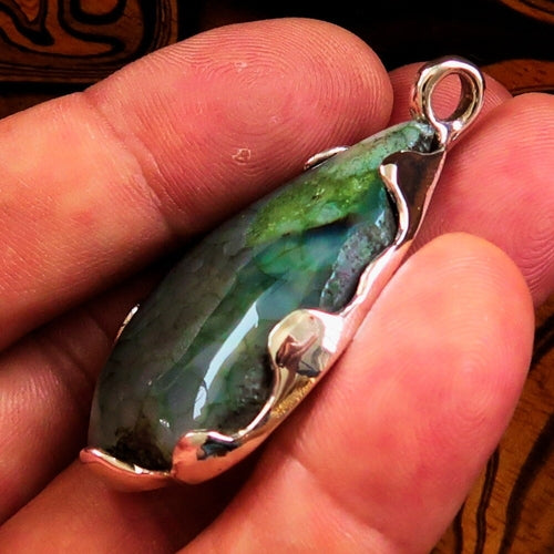 Green Agate Amulet, Sterling Silver Pendant, Artwork Pendant, green