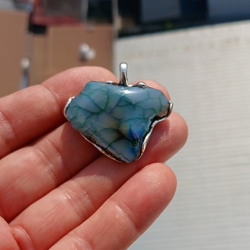 Greenish Agate Amulet, Sterling Silver Pendant, Artwork Pendant, green