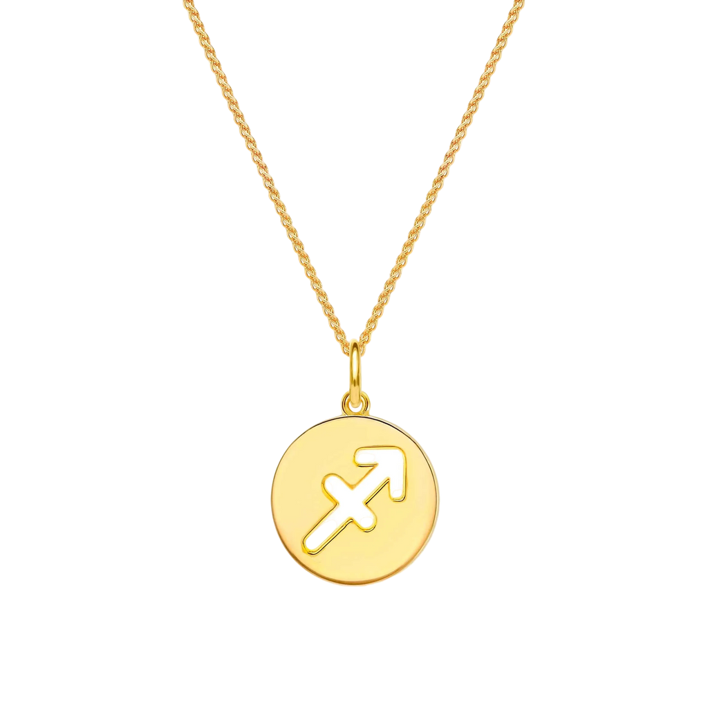 Gold Sagittarius zodiac pendant necklace with Sagittarius symbol on transparent background