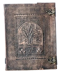 A rectangular embossed leather journal with a tree of life design on the cover, 